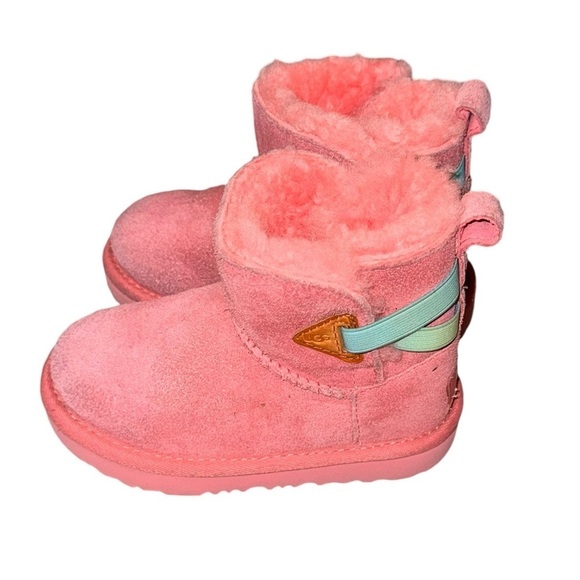 Kid's UGG Boots Pink Mini Short Uggs with cute Pastel Rainbow Watercolor Straps - Picture 1 of 10